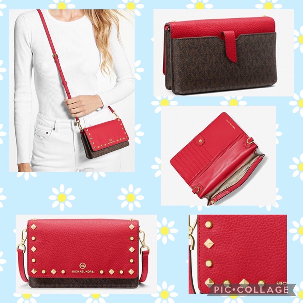 MICHAEL KORS~Jet Set Small Studded Faux Leather & Logo Smartphone Crossbody Bag